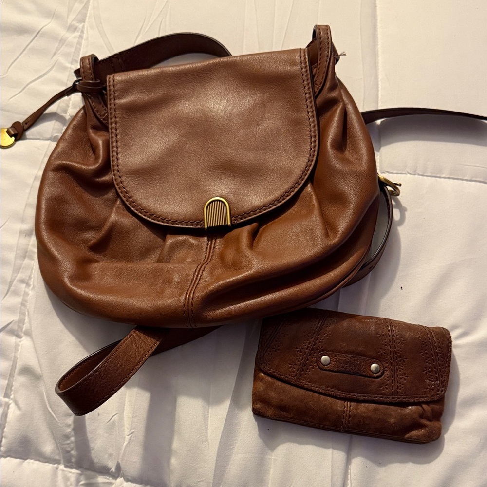 👜 Fossil Brown Leather Crossbody Bag + Matching Wallet 👜